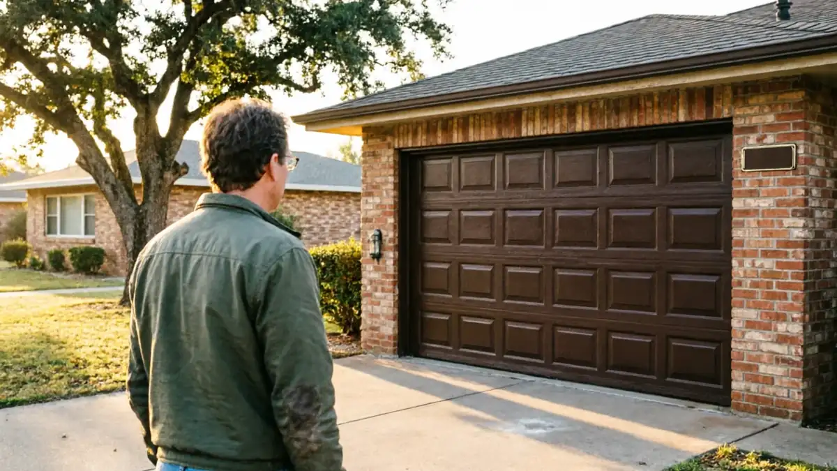 A man in a green jacket stands in front of a brown garage door.