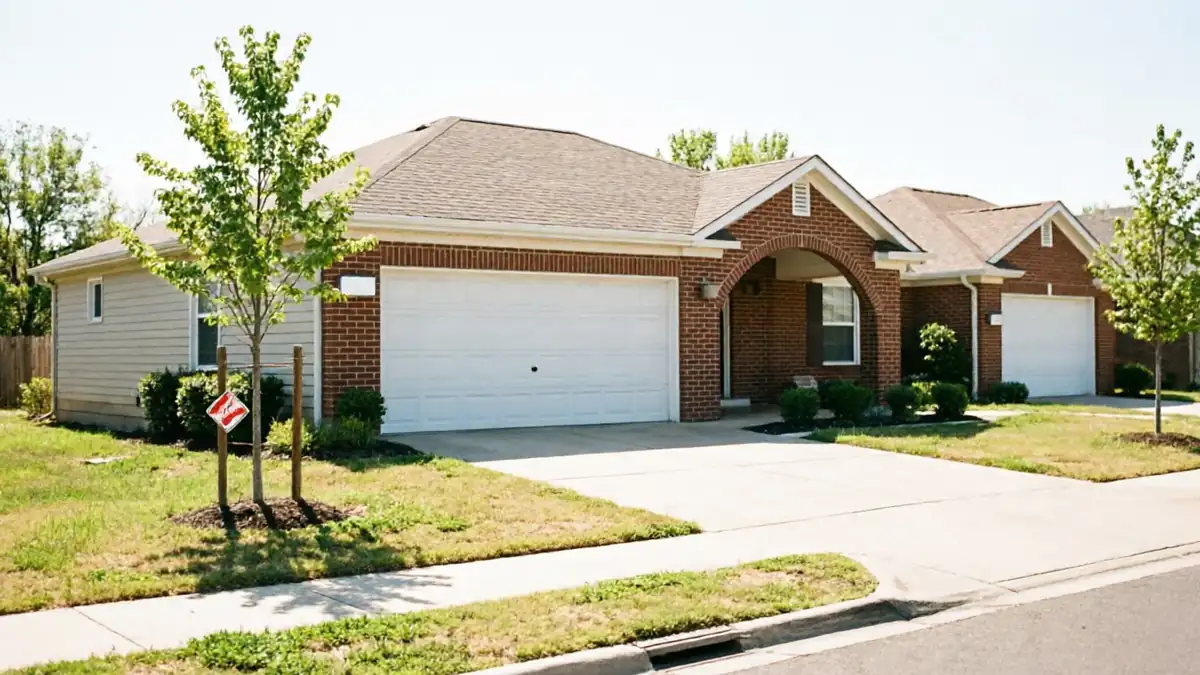 A brick house with a white garage door and a small tree in the front yard.