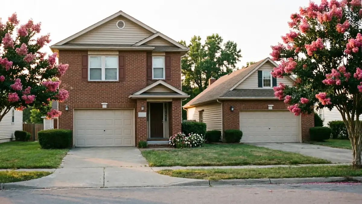Two houses with light-colored garage doors and pink flowering trees are visible.