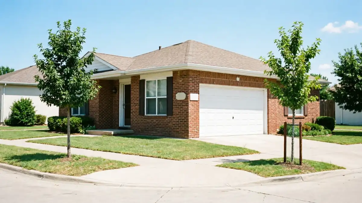 A brick house with a white garage door and green lawn.