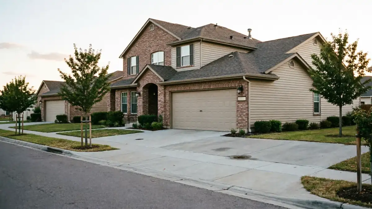 A two-story brick and siding house has a tan garage door.