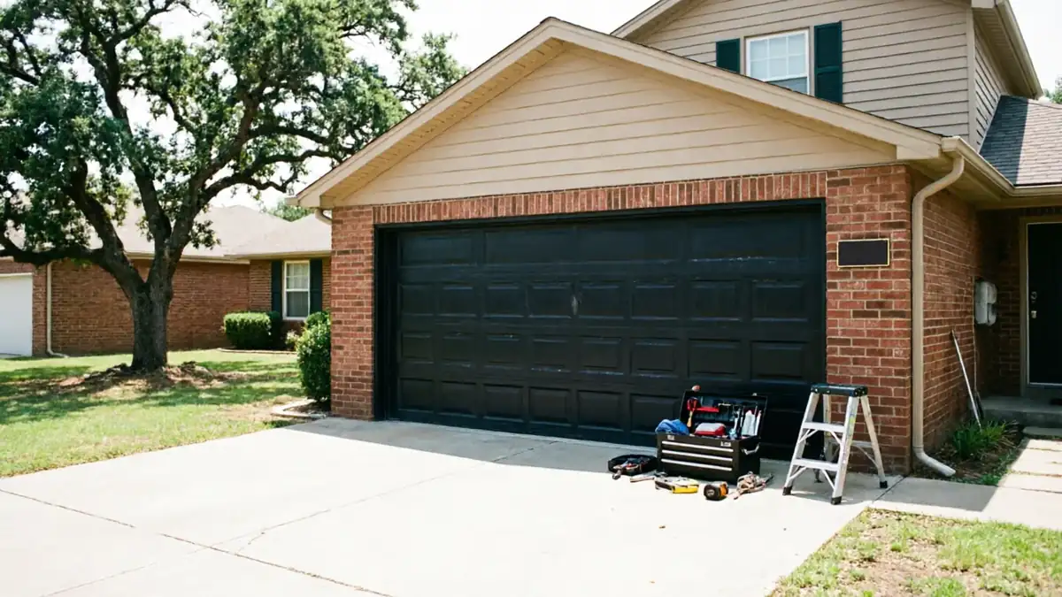 A black garage door with a toolbox and a stepladder in front of it.