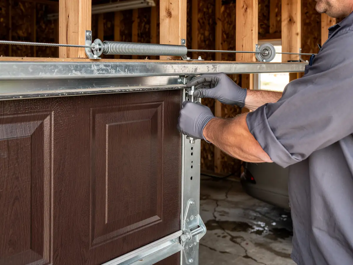 A technician wearing gloves adjusts a brown garage door with a spring and cable system.