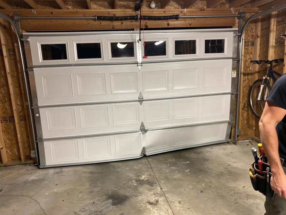 The white garage door is off its tracks and bent at the bottom.