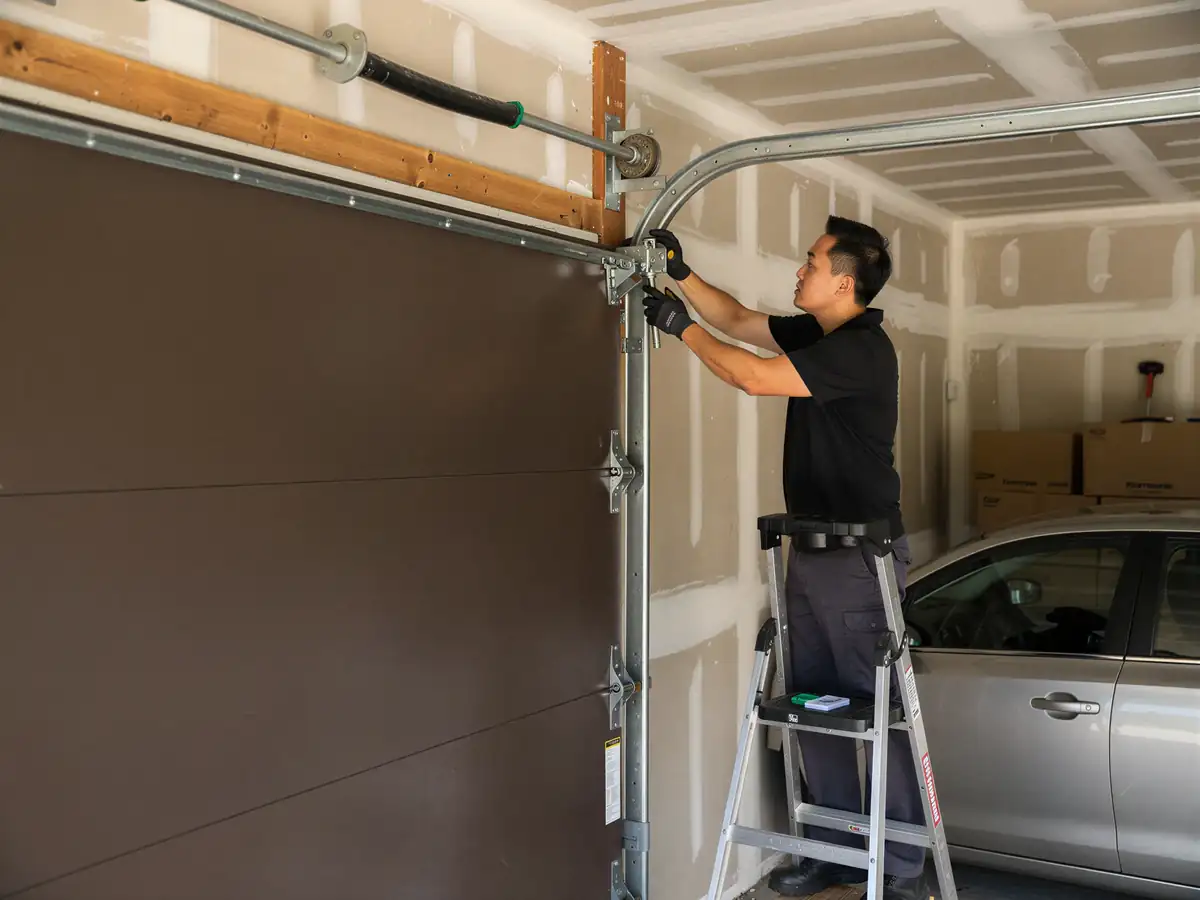 A technician on a ladder adjusts the top of a brown garage door.