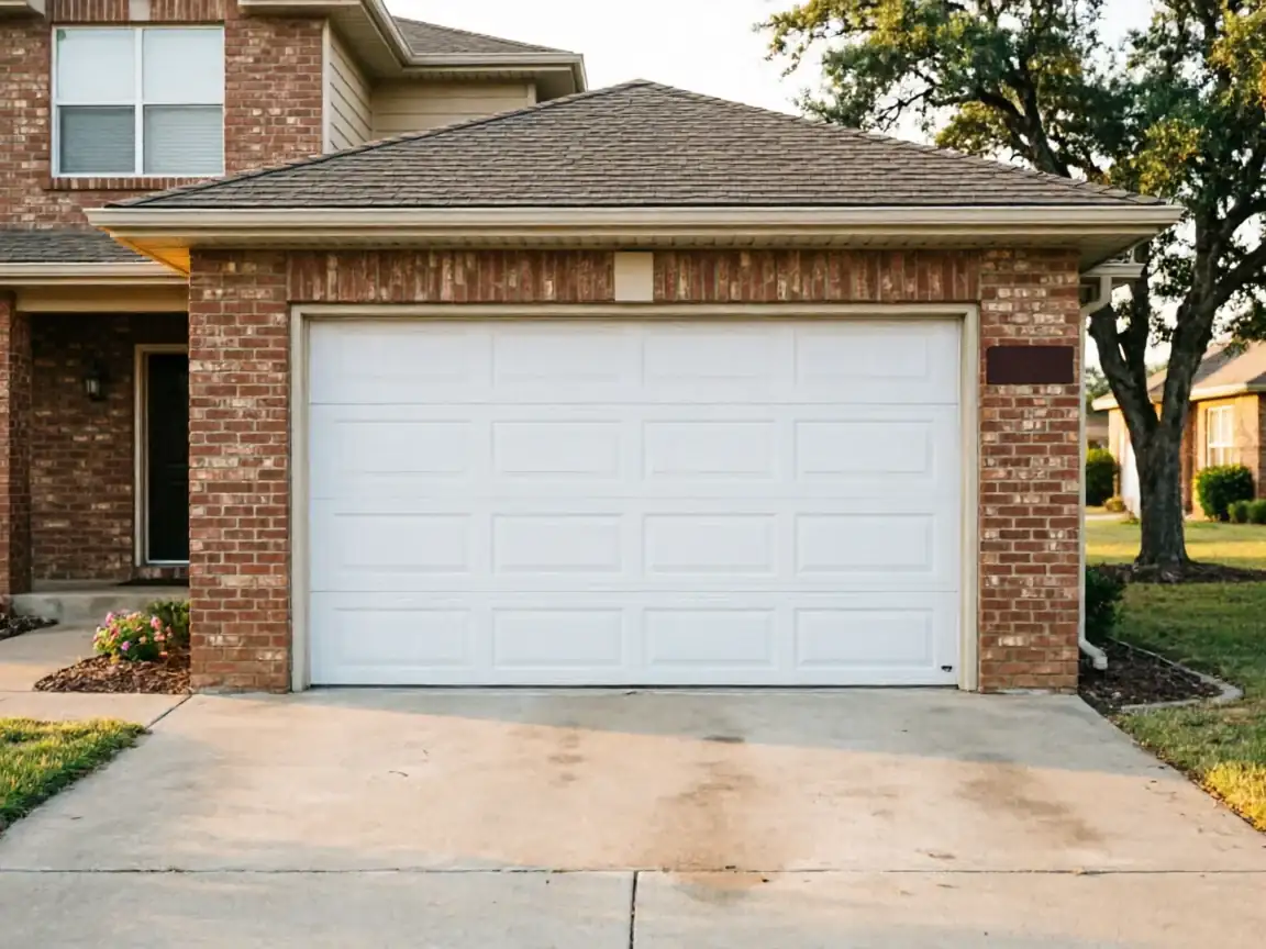 A white panel garage door on a brick house with a concrete driveway.
